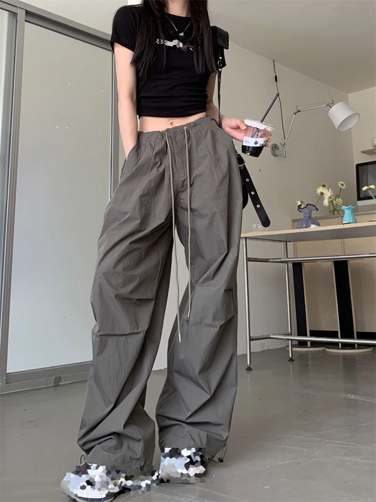 

Casual Cargo Pants Women Vintage S-2XL Drawstring Straight Middle Waist Streetwear Pant Hip Hop Y2K Wide Leg Loose Work Trousers