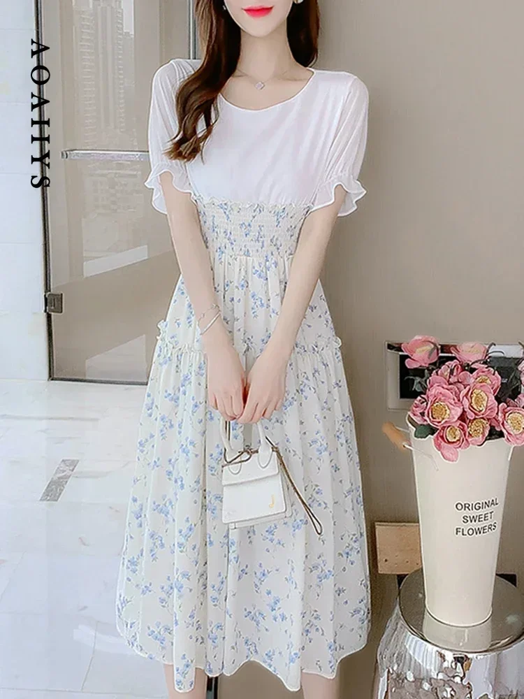 

Aoaiiys White Dress for Women Dresses 2023 Summer Spliced Floral Basic O-Neck Designer High Waisted Clothing Slim Mid-Calf Dress