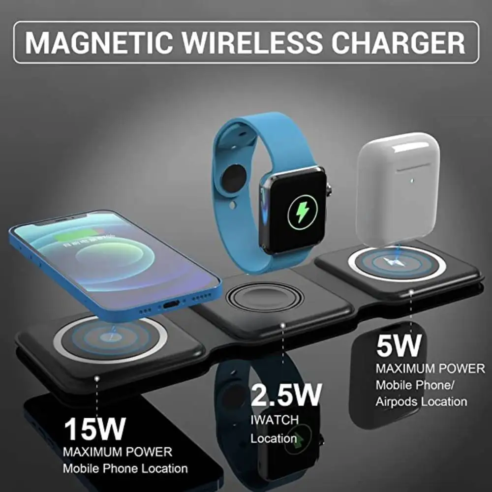 W9 Cargador inalámbrico magnético 3 en 1 de 15 W para iPhone