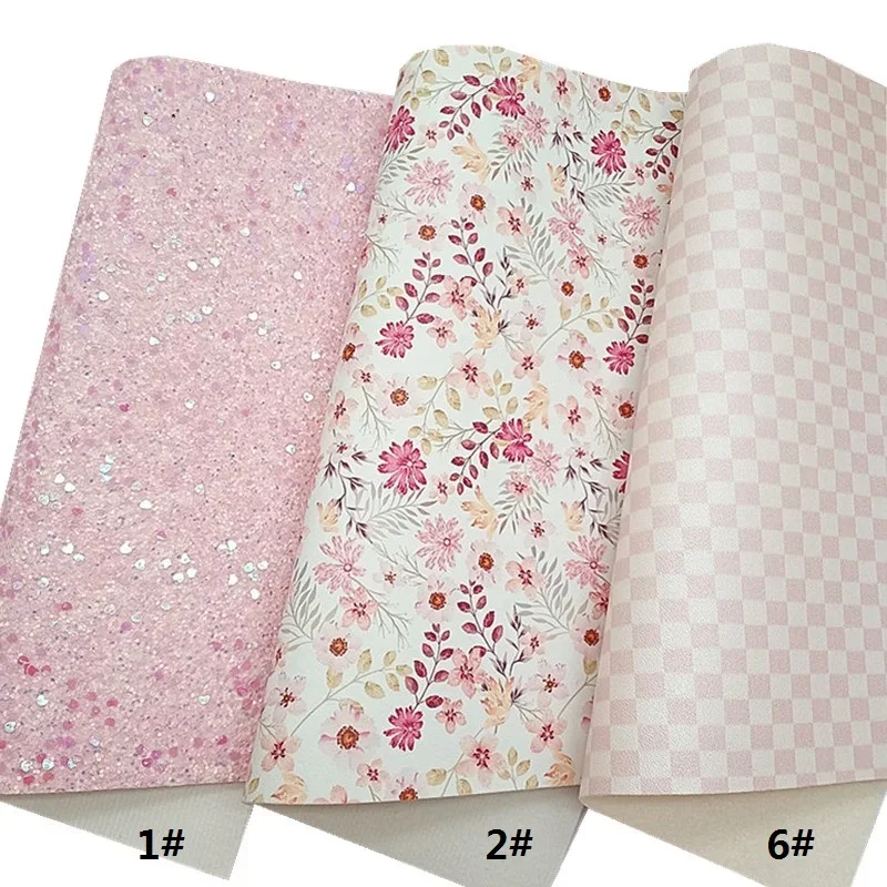 Leather Fabric Glitter Fabric Printed Leather Sheets Pink Glitter Leather with Hearts Flowers Plaids Printed Synthetic Leather Mermaid Glitter Vinyl DIY Craft Sheets Mini Rolls W408