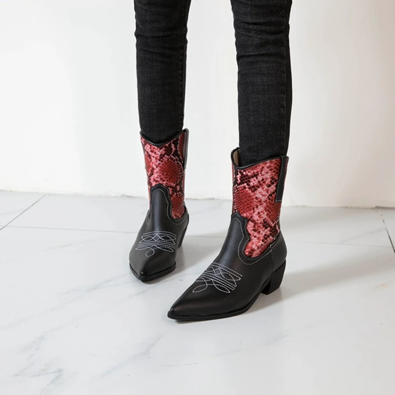 2021 Zapatos De Mujer Ankel Women Winter Embroidered Boots Platform Cowboy Boots Pointed Toe Gothic Shoes Size 34-50 33-22