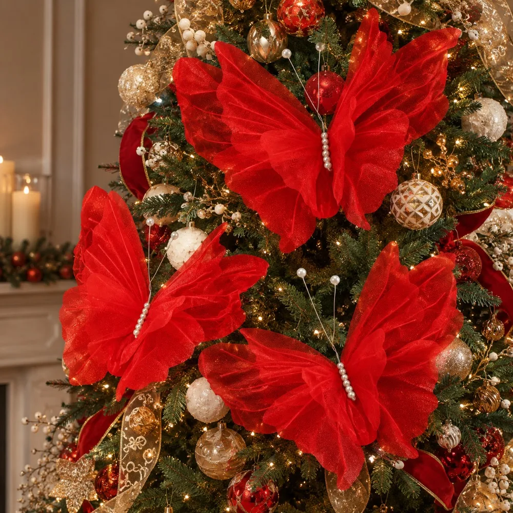 Set of 3 Large 3D Red Butterfly Christmas Decorations - Laser-Sprayed Silk Finish