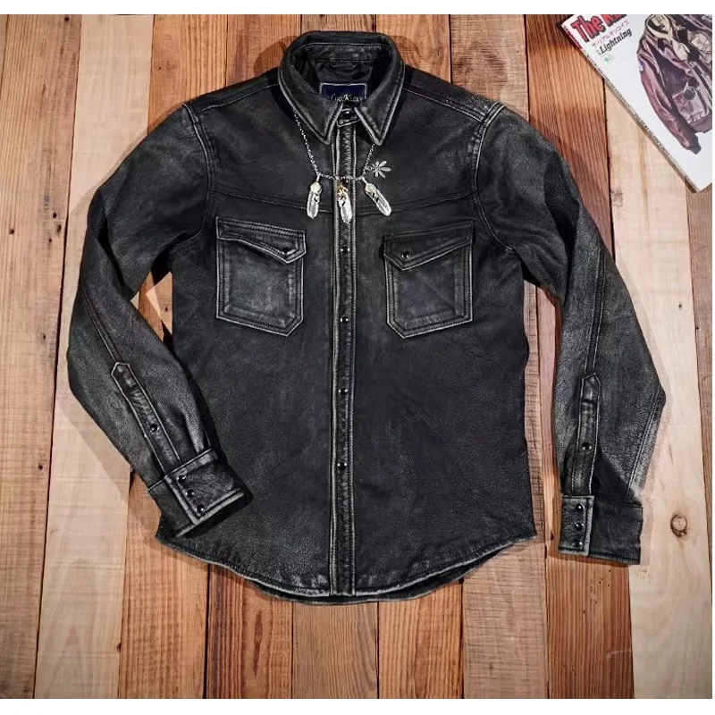 

YR!Free shipping.New Luxury Brand Heavy Washed Gray goatskin T-shirt.US west vintage type slim fit genuine leather jacket.soft