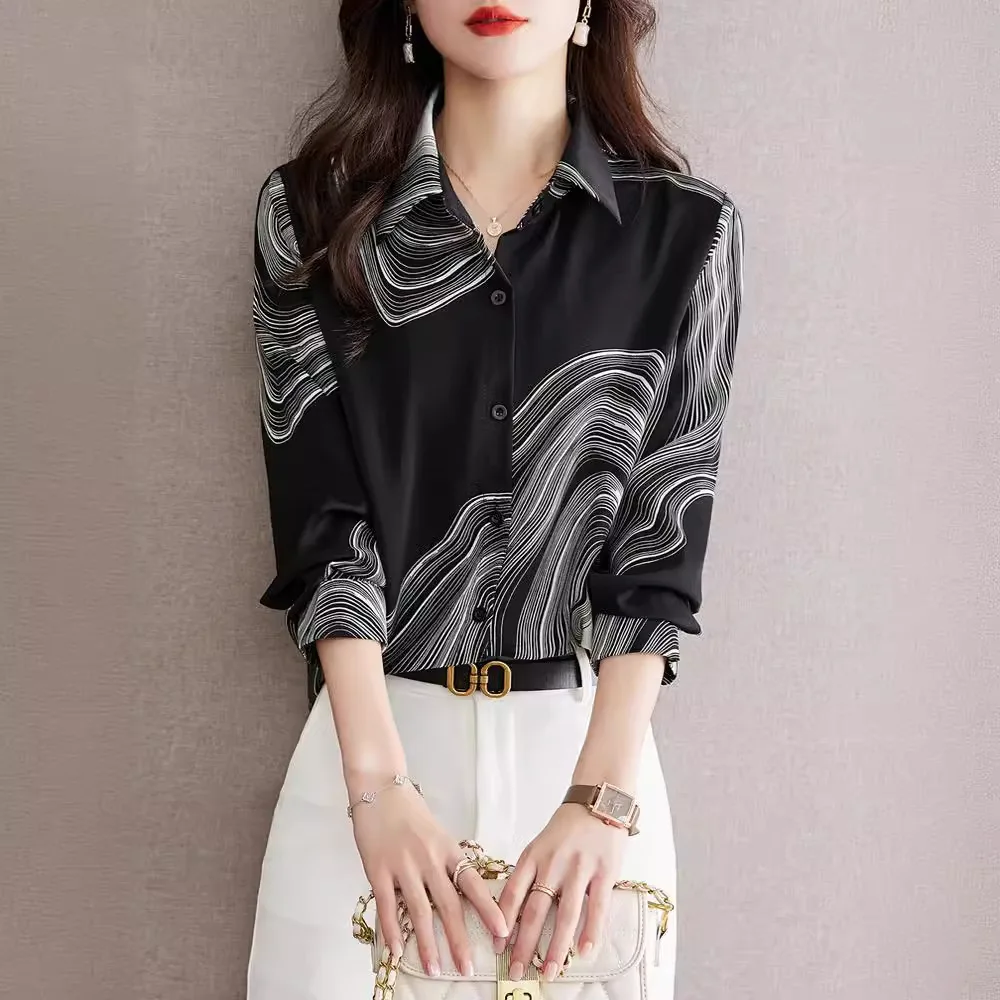 Women's Spring 2025 Stylish Printed Chiffon Blouse with Long Sleeves