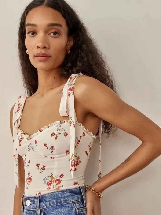 

Latter Rain Prairie Chic Printed Slim Fitting Small Strap top Summer Women Vacation Top Sweet Hotsweet Cute Chiffon Strap Vests