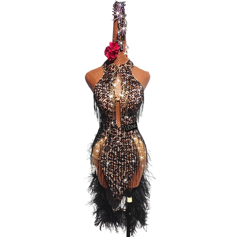 New Latin Dance Performance Competition Performance Clothing Leopard Print Black Feather High-Grade Glitter Diamond Dance Skirt