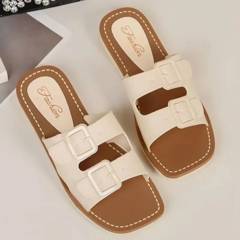 Fashion Open Toe Bedroom Black Women's Slippers and Ladies Sandals Home Indoor Low Heel Slides Outside House Shoes