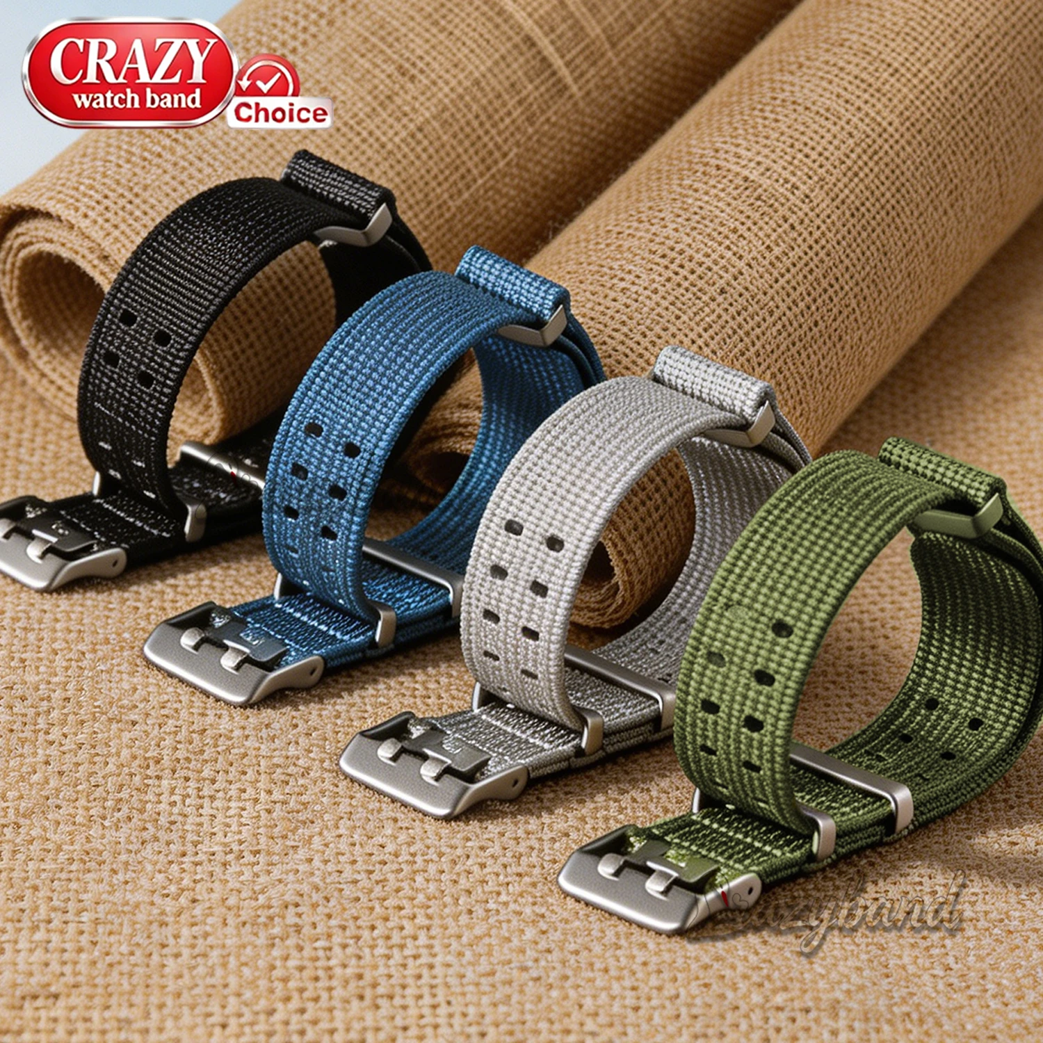Universal Ribbed Nylon Watch Strap - Black & Blue, Sport & Military Style, Softened Replacement Band