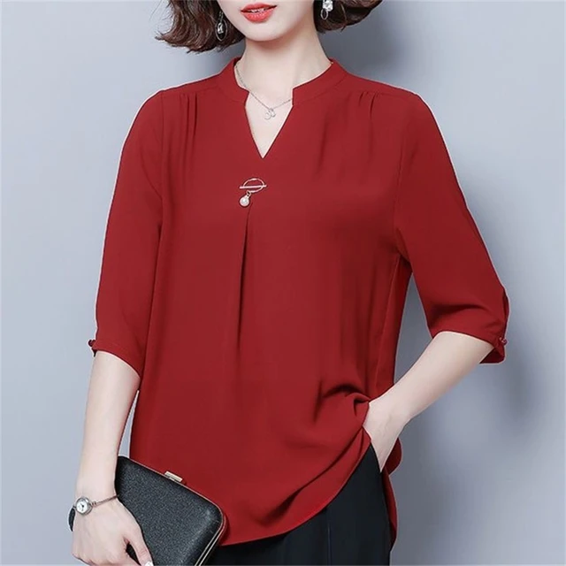 Korean Shirts Tops Women Blouses Office Chiffon Shirts Elegant V-collar 3/4  sleeve Women Tops blusas