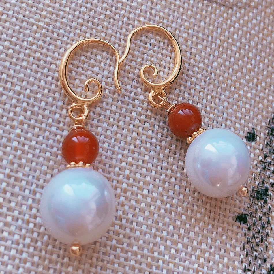 

12MM White baroque Shell pearl Earring 18kGB South red Custom Everyday Teens Anniversary Clip-on Children Diamond Platinum