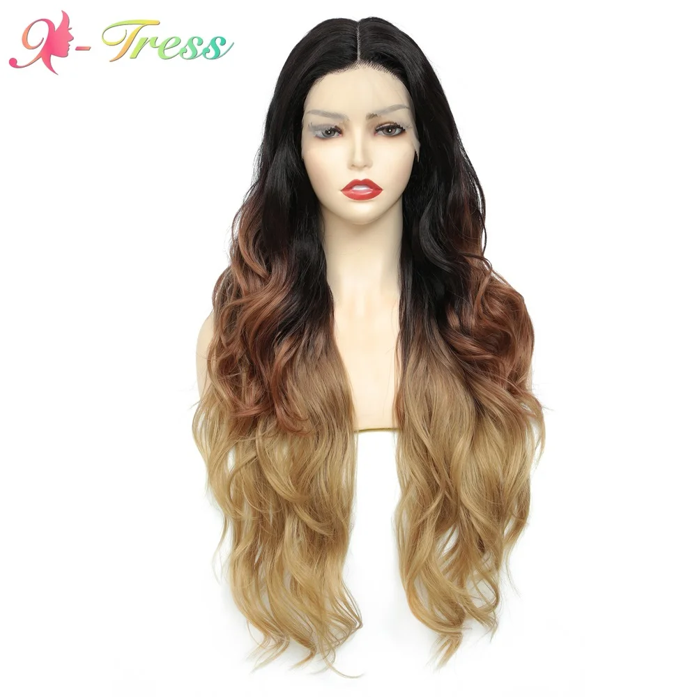 

X-TRESS Lace Front Wig 28 Inch Body Wave Middle Part Synthetic Hair Heat Resistant Fiber Ombre Brown Blonde Wavy Wigs for Women
