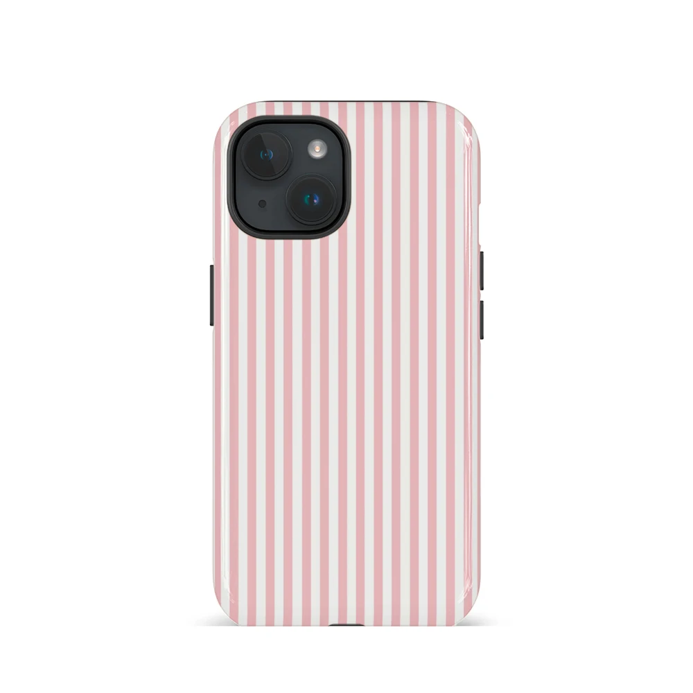 Chic Pink & White Striped Glossy Phone Case - Durable 2-in-1 Design