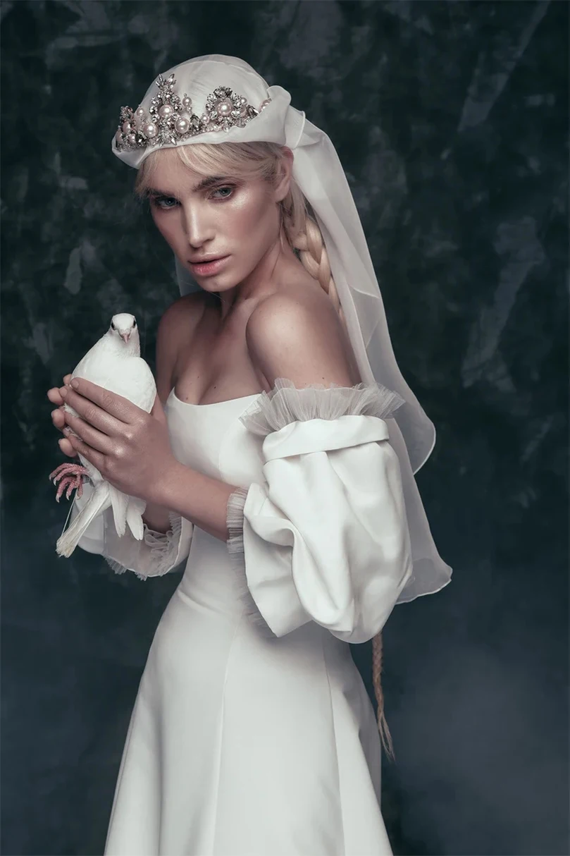 

Wedding Removable Detached Satin And Peek A Boo Tulle Frill Layered Sleeves Slim Fit Sleeves White Accessories Puff Perspective