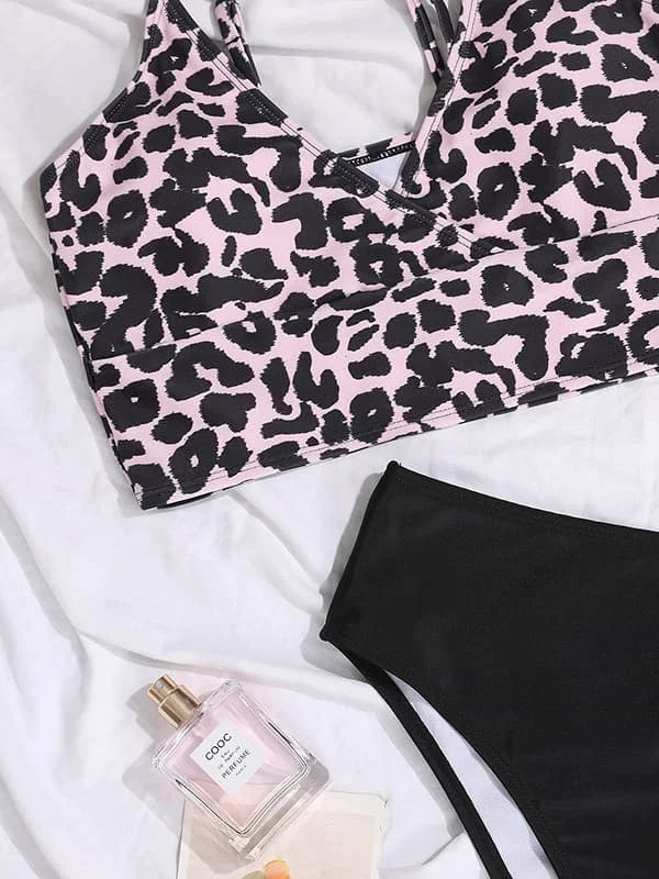 

Women's Leopard Bralette Bikini Beachwear Hanging Neck Straps Fashion Swimwear Summer Swimsuit High-Waisted Bathing Suits 2023