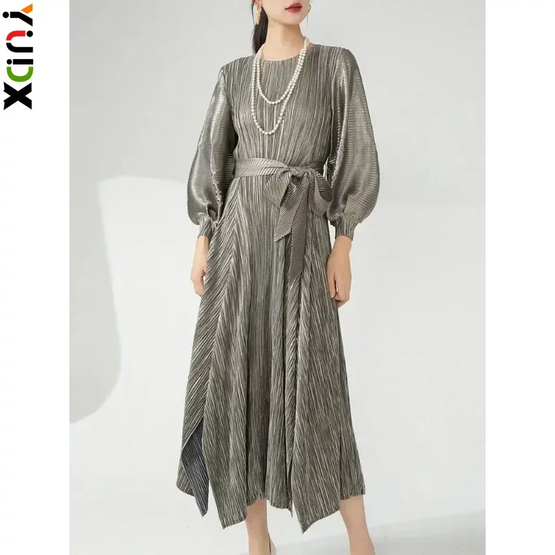 

YUDX Miyake Fashion Party Pleated Dress Women Belt Gathered Waist Lantern Sleeves Irregular Dresses Elegant 2024 Spring Clothing