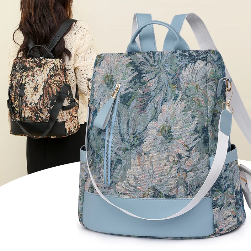 

Fashion Flower Print Women's Backpack Beautiful Large-Capacity Student Schoolbag Brand Designer Travel Backpack Shoulder Bags