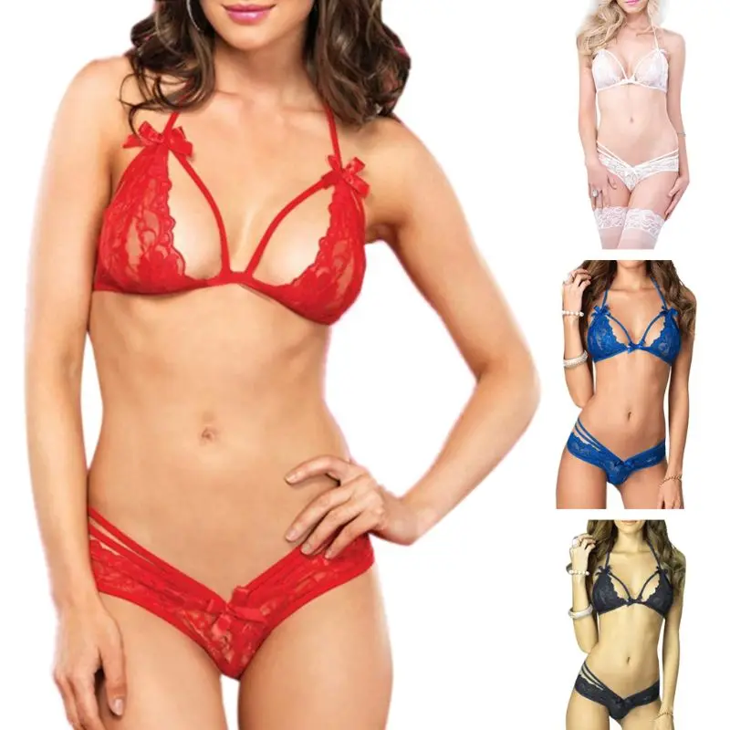 

Women Sexy Floral Lace Halter Lingerie Set Bowknot Decor Cut Out Sheer Underwear