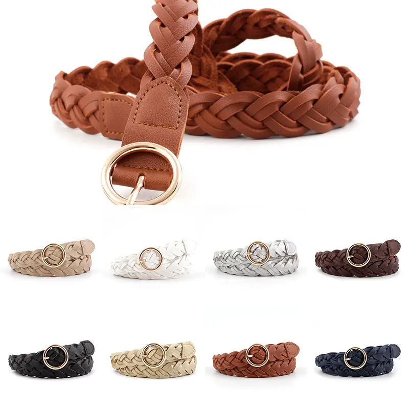 

110cm Adjustable PU Leather Braided Knitted Casual Women Belt Solid Color Decorative Thin Belt Round Gold Pin Buckle Weave Belt
