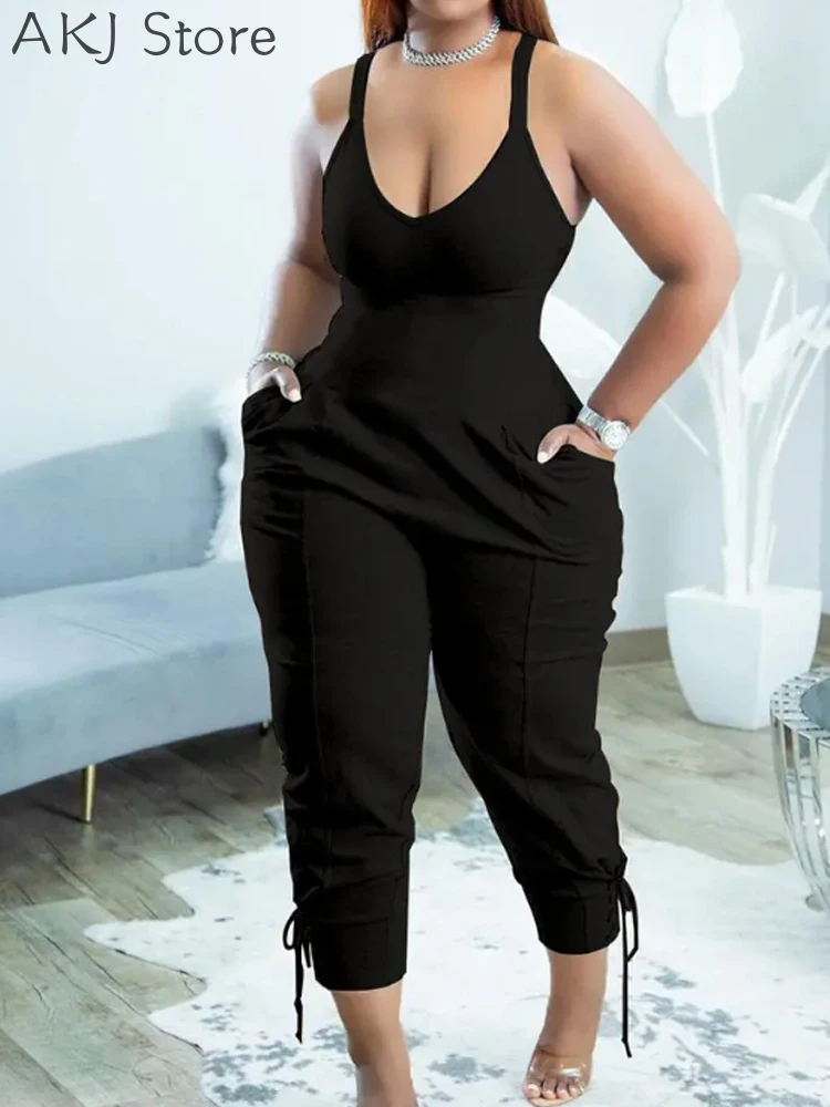 

Women U-Neck Sleeveless Pocket Design Lace-up Jumpsuit