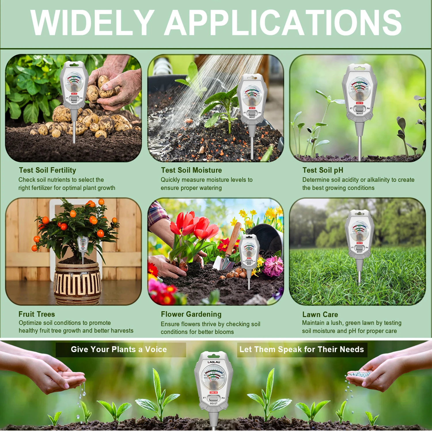 Soil Moisture Meter PH Meter Sensor Fertility Test Tool For Indoor/Outdoor Gardening Plant Moisture/Fertility/PH 3 in 1Testing