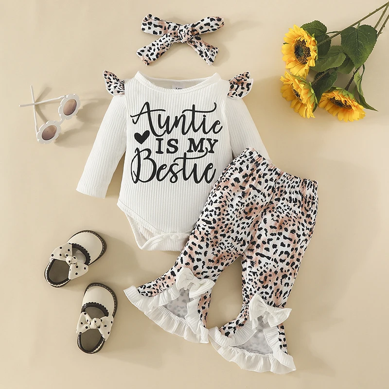 Fall Baby Girl Clothes Fly Sleeve Letter Bodysuit Leopard Print Bow Flared Pants Hijab 3PCS Set 0-18 Months Toddler Girl Costume