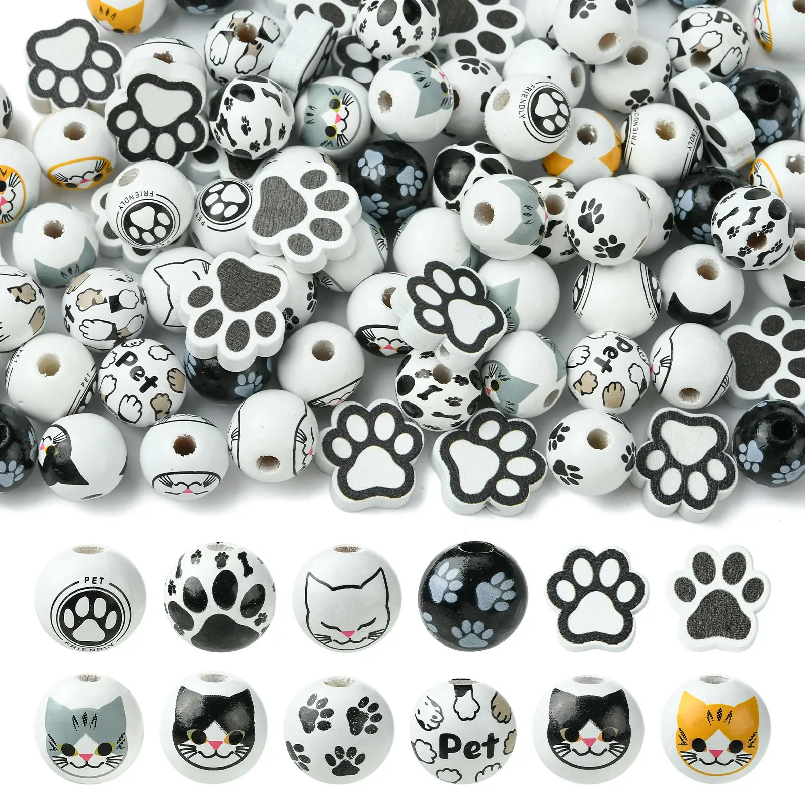 PandaHall 100 Stück 16-20mm Schwarze Weiße Holzperlen Tier-Motiv Katze Hund Perlen mit Großem Loch Europäische Perlen für Schmuckherstellung DIY – Detail 1