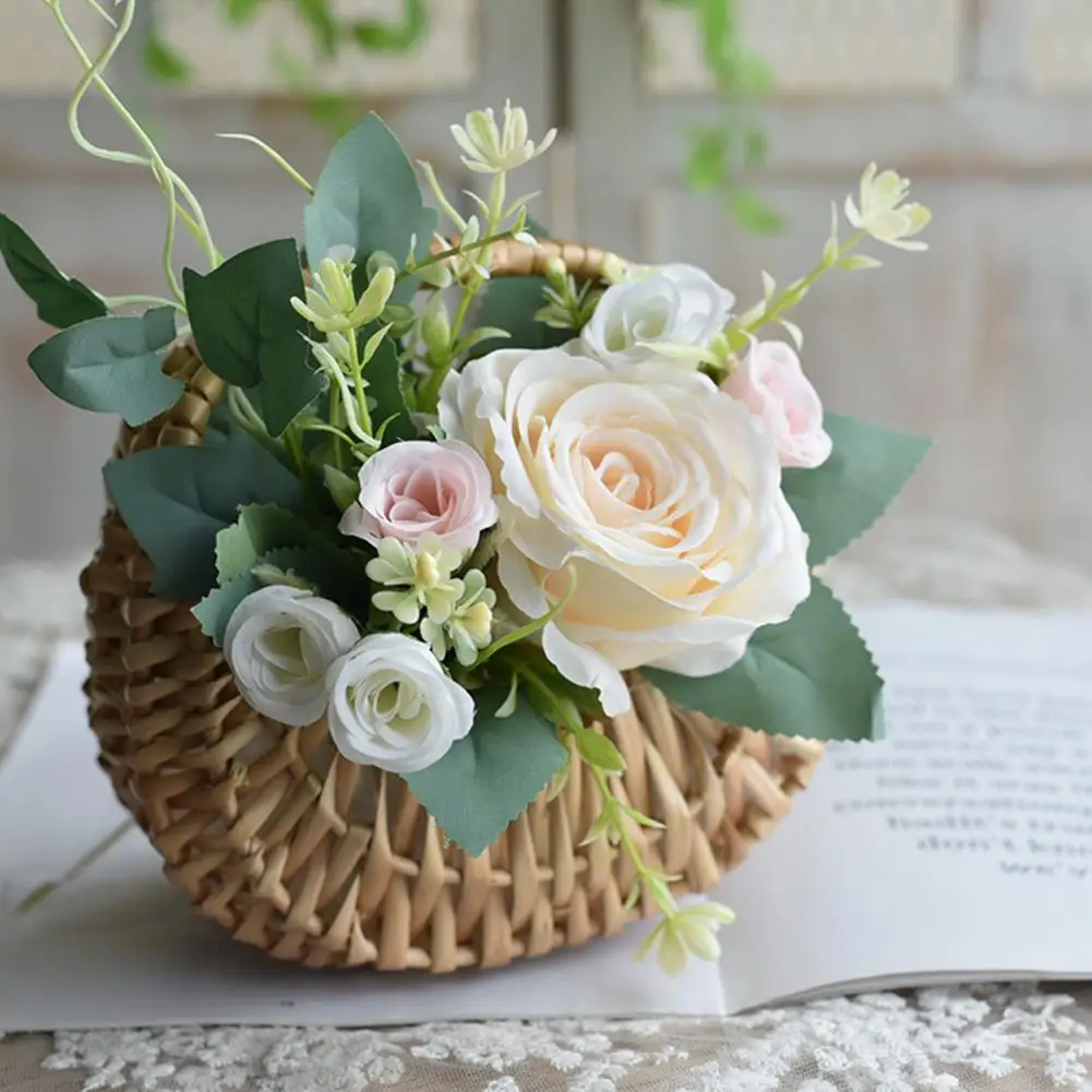 Flower Basket Storage Rattan Woven Basket Wicker Basket Half Moon With Handle Flower Girl Hand Picnic Home Wedding Party Decor 5
