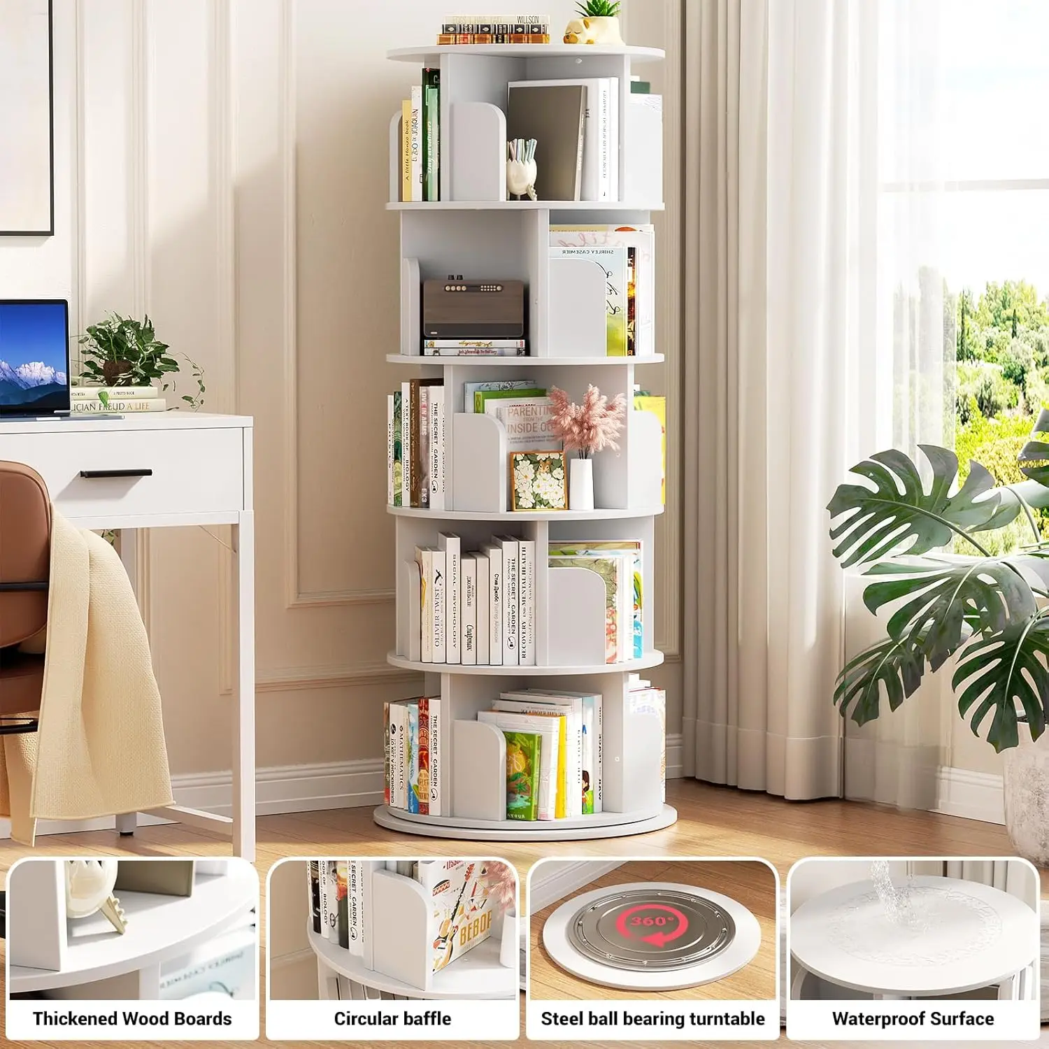 Rotating bookshelf, 360 display wooden rotating bookshelf tower, 5 floor standing bookshelf storage shelf, bedroom, study