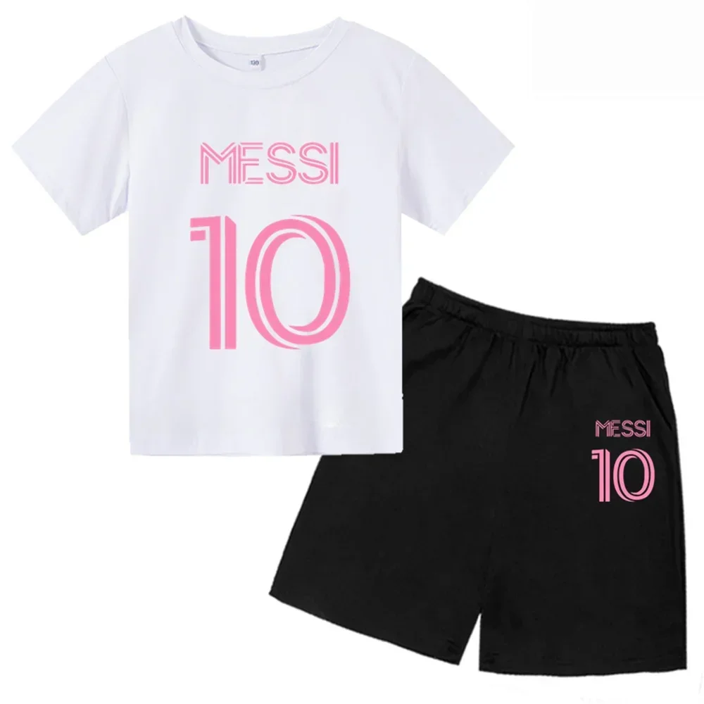 Nueva camiseta y pantalones cortos con estampado de Messi para niños y adolescentes, conjunto de 2 piezas, ropa de fútbol para niños y niñas, traje deportivo de moda de manga corta de verano