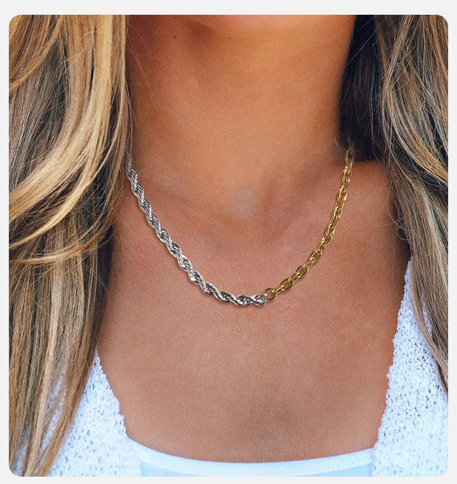 Vnox Stylish 5mm Chain Necklaces for Women, Two Tones Stainless Steel Rolo Twisted Rope Link Chain, Minimalist T Toggle Collar – Detail 2