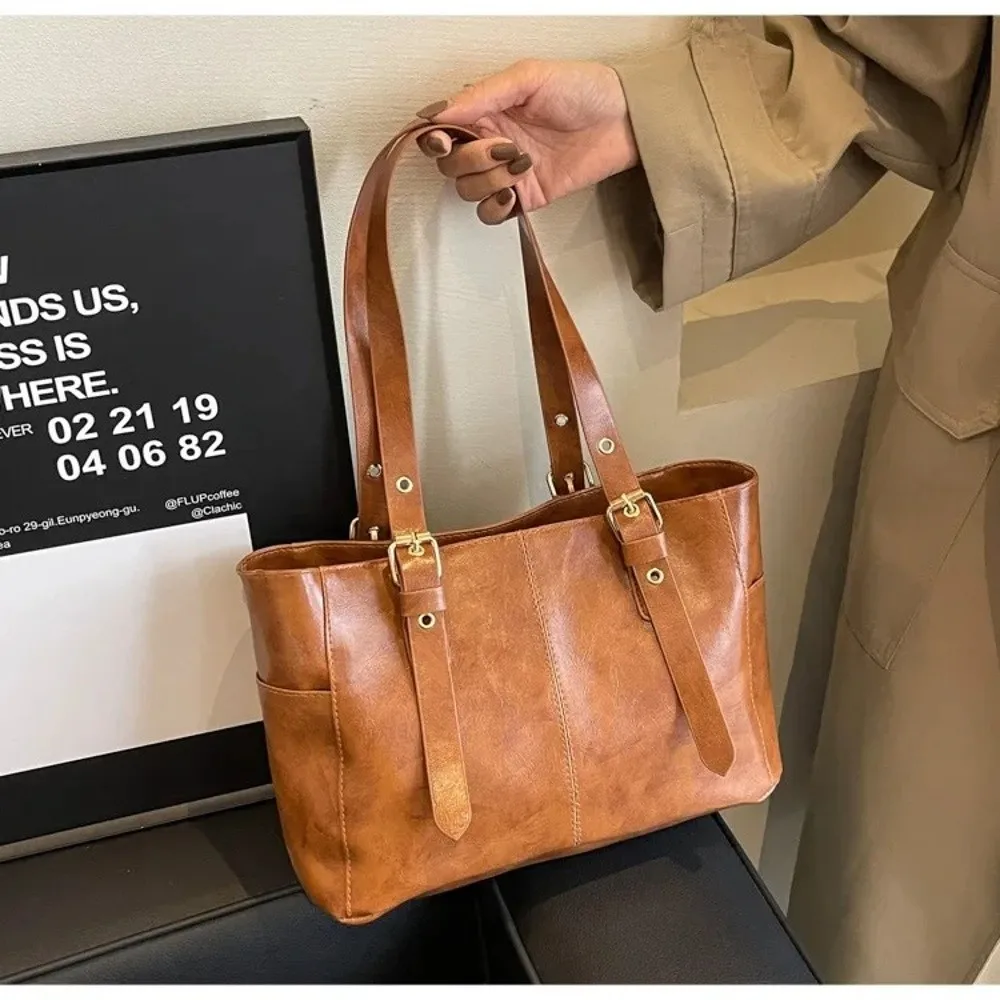 Casual Retro Frauen Schulter Taschen Große Kapazität Einfarbig Dame Tote Tasche PU Leder Handtasche Geldbörsen – Detail 17