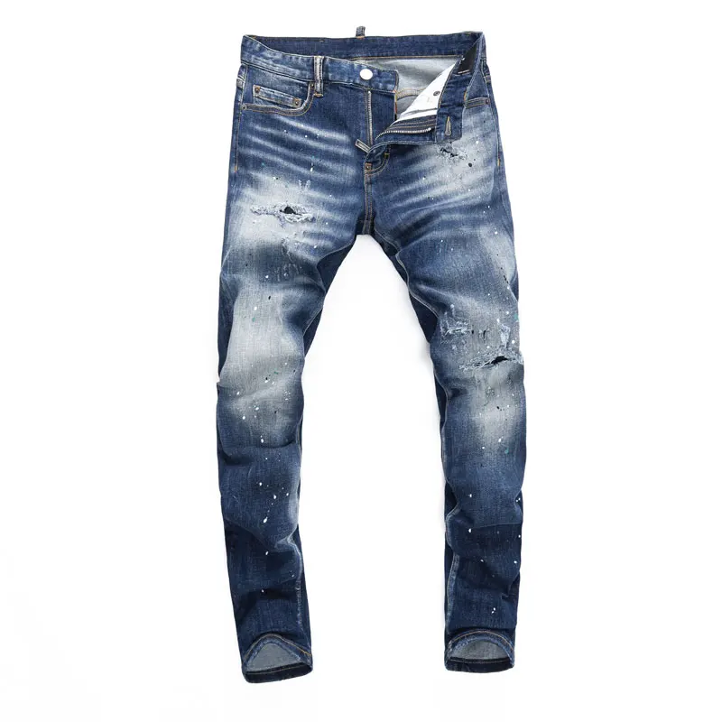 High Street Fashion Men Jeans Retro Blue Stretch Skinny Fit Hole Ripped Jeans Men Painted Designer Hip Hop Brand Pants Hombre