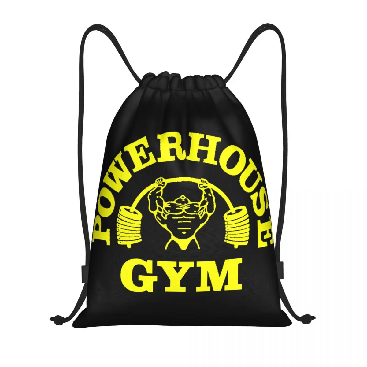 Custom Yellow Powerhouse Gym Drawstring Backpack Sports Gym Bag for Women Men Fitness Building Muscle Shopping Sackpack