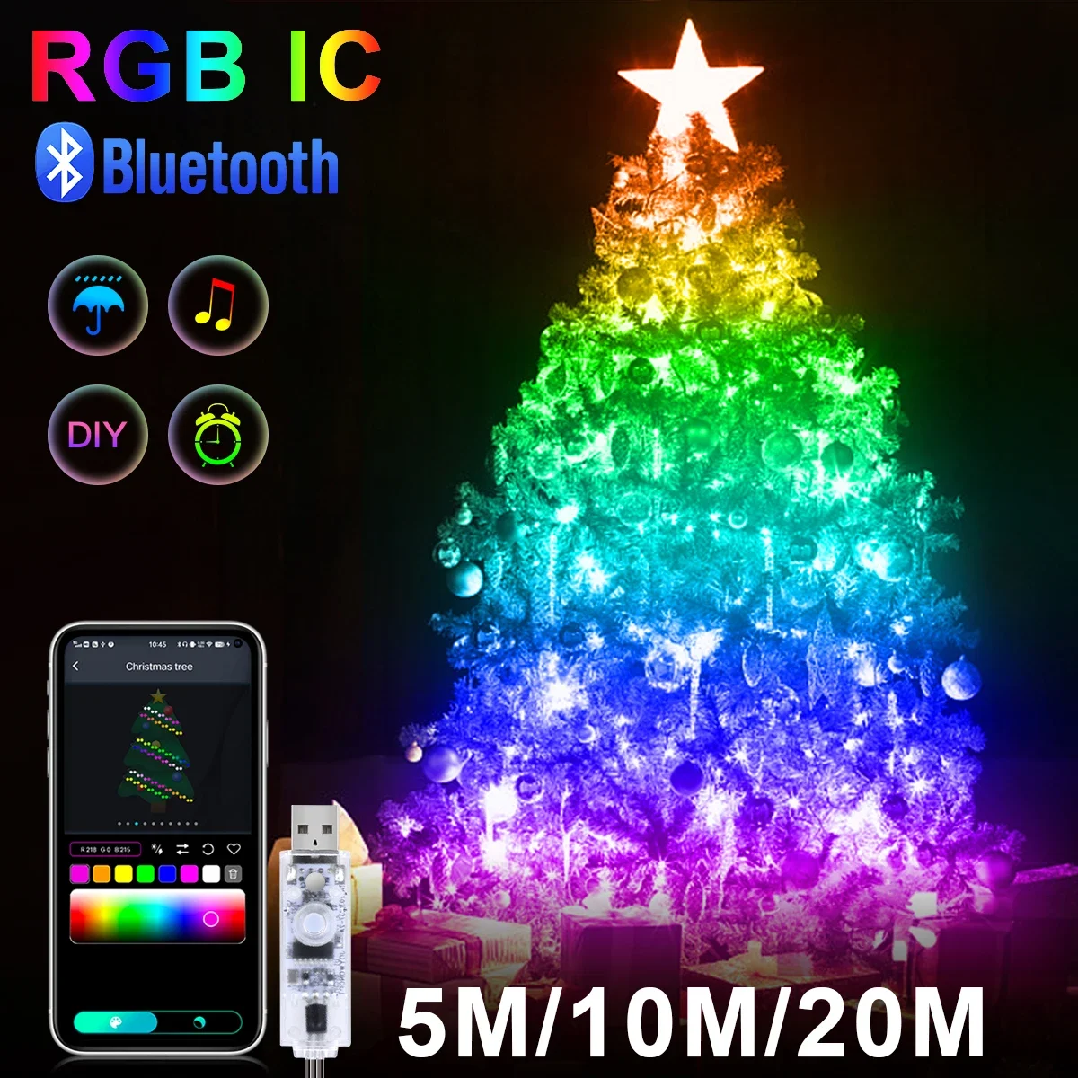 

5M 10M 20M USB Dream Color Bluetooth Control LED String Light Fairy Lights Wedding Christmas Decoration RGBIC Holiday Lighting