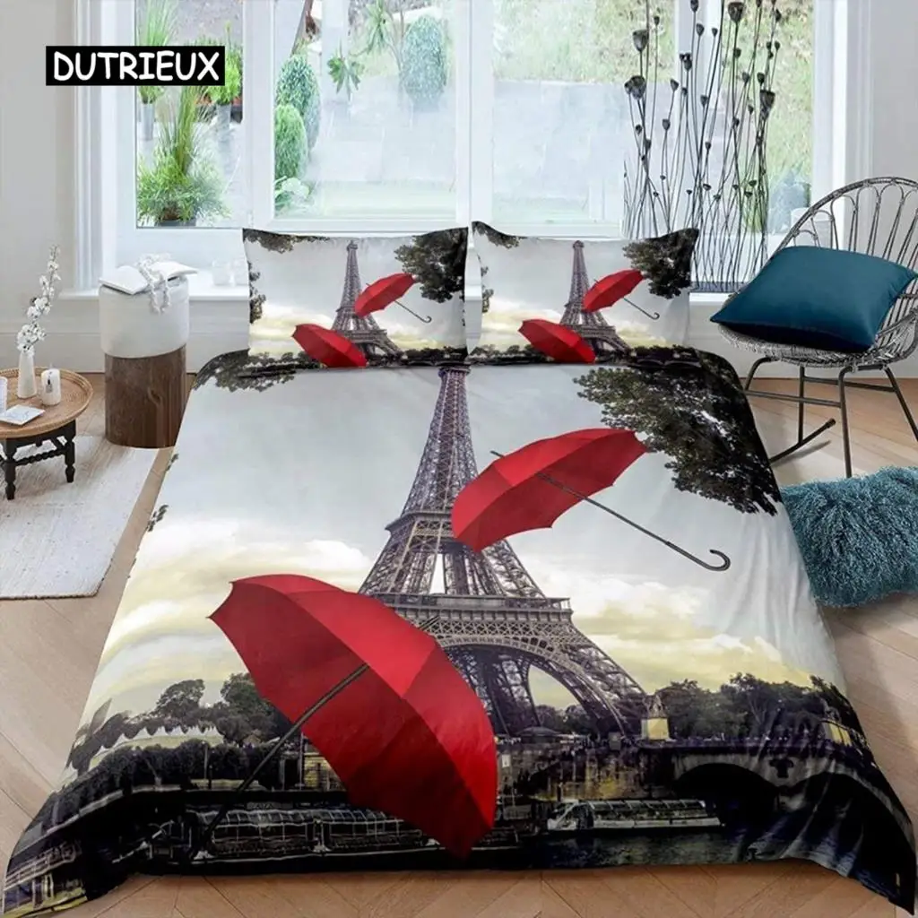 

Paris Duvet Cover Vintage Eiffel Tower Red Umbrella Soft Breathable Paris Bedding Set Microfiber Double Queen King Quilt Cover