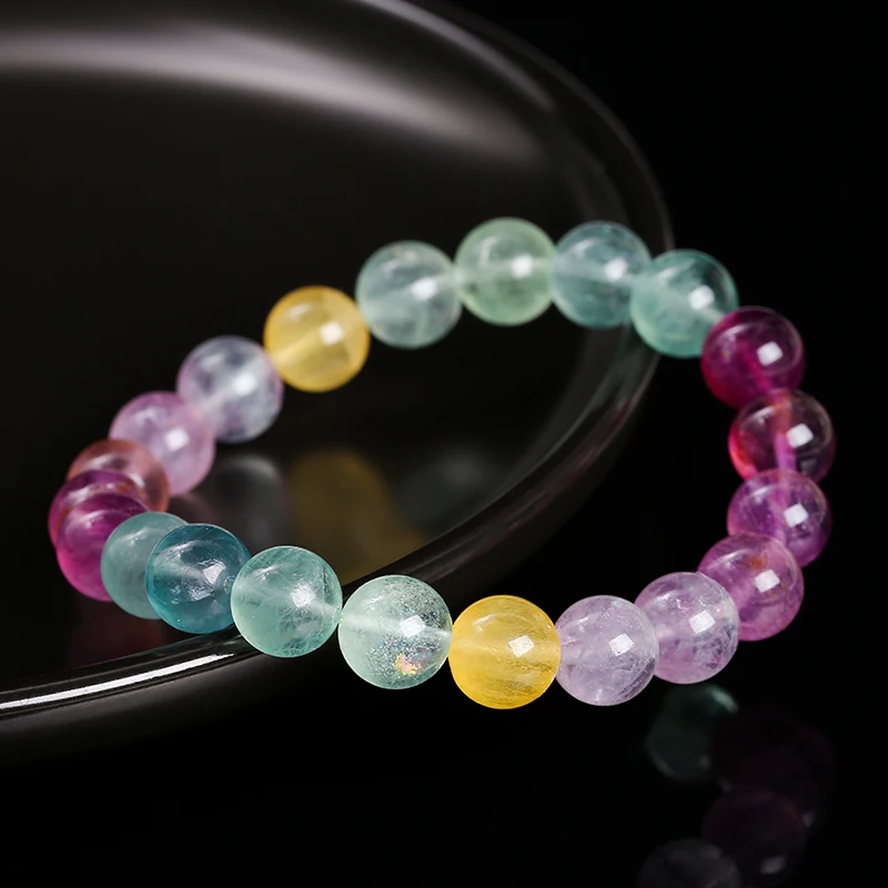 JD 5A Natural Stone Muticolor Rainbow Fluorite Bead Bracelet Women Reiki Healing Lucky Stretchy Mala Bangles Crystal Jewelry 4