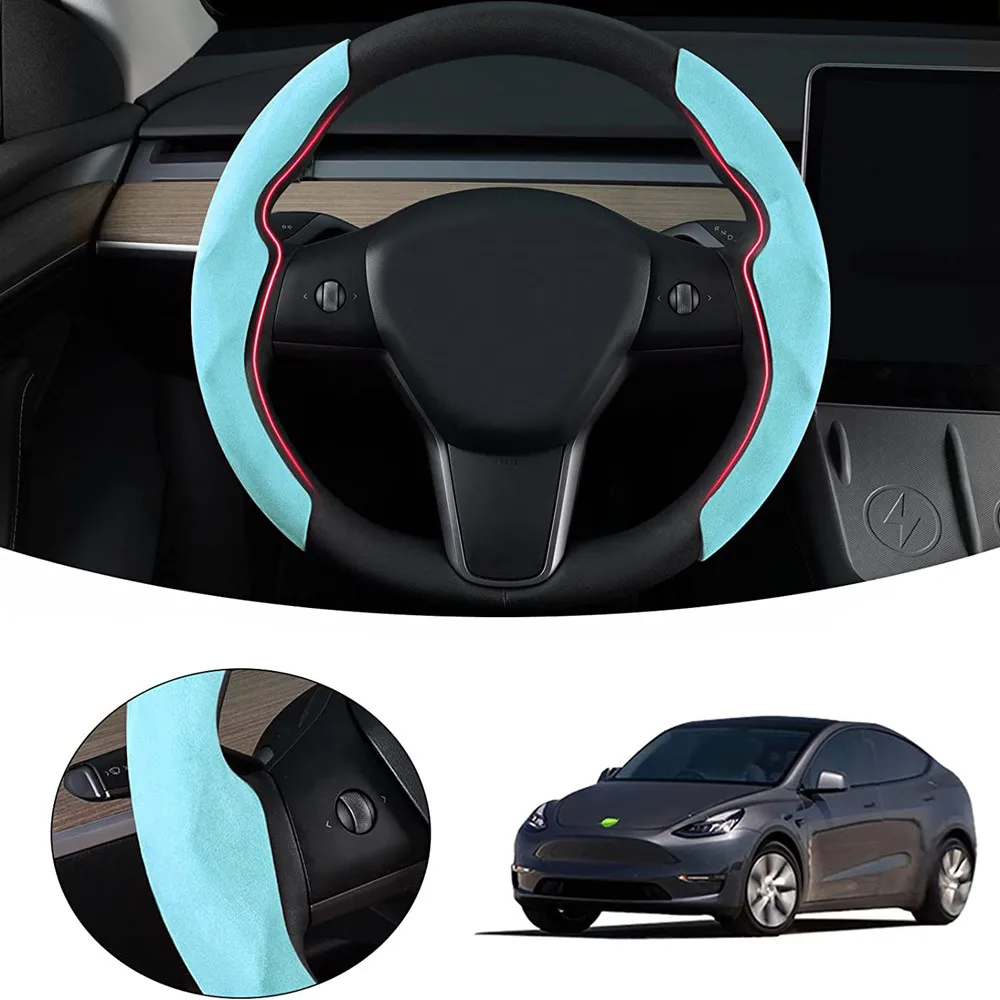 

Tesla Steering Wheel Cover For Tesla Model 3 Model Y Model S Suede Leather Non-Slip Breathable Carbon Fiber Anti-fur Round Shape
