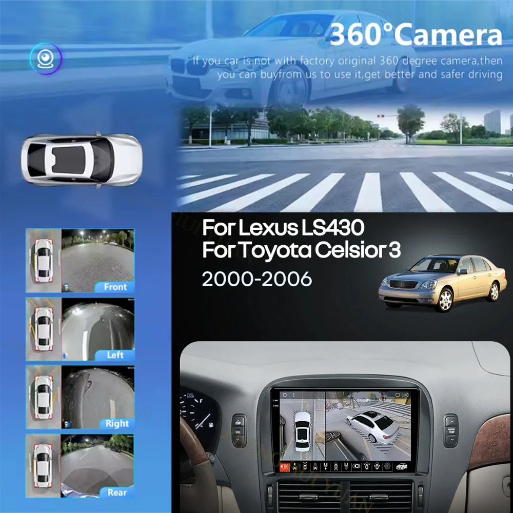 Radio de coche Android 16 con Carplay y Auto, reproductor multimedia estéreo con navegación GPS QLED para Lexus LS430 XF30 LS 430 2000 - 2006 para Toyota 4