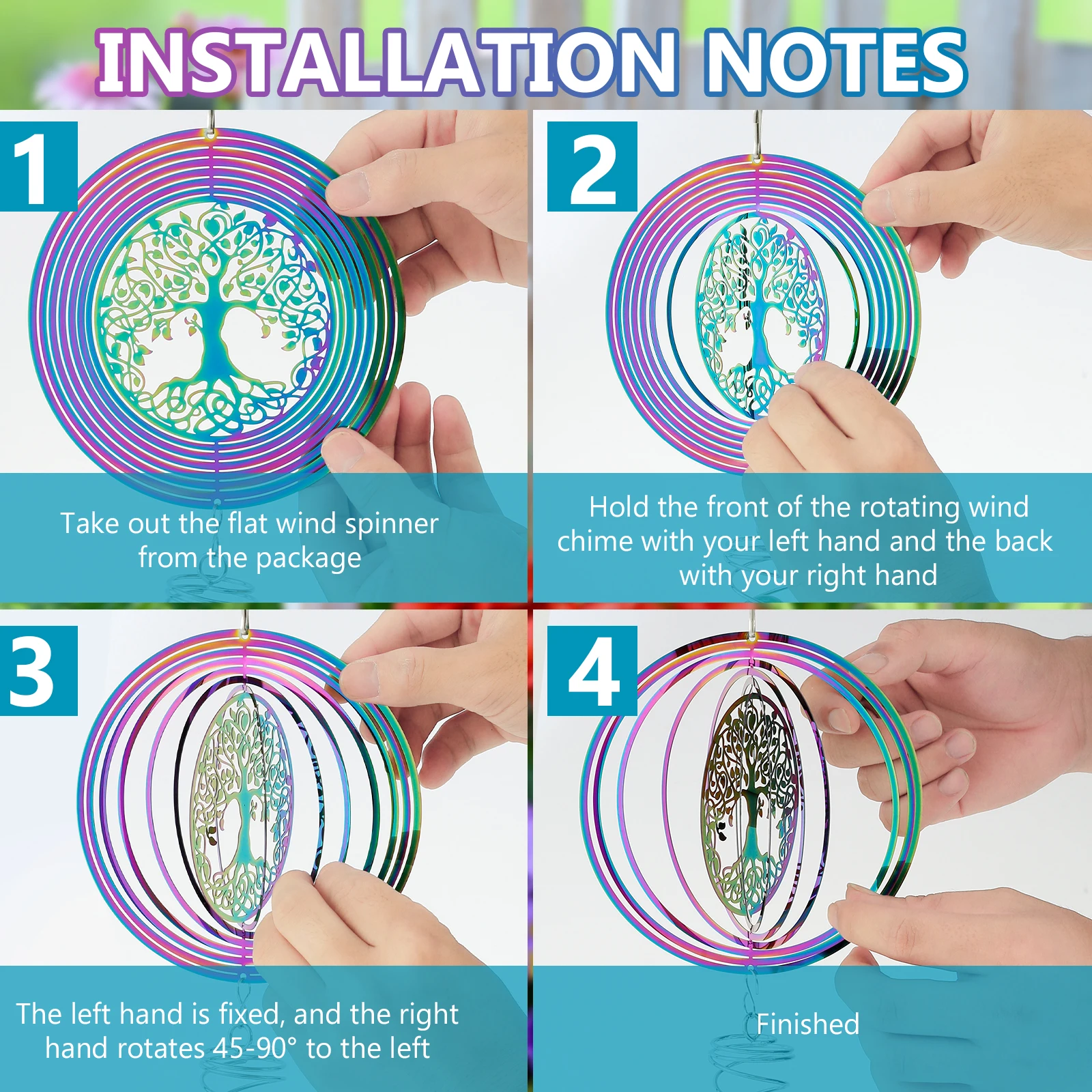 Outdoor 3D Wind Spinners Stainless Steel Tree of Life Wind Spinner with Spiral Tail Hanging Wind Spinners for Garden Decorations