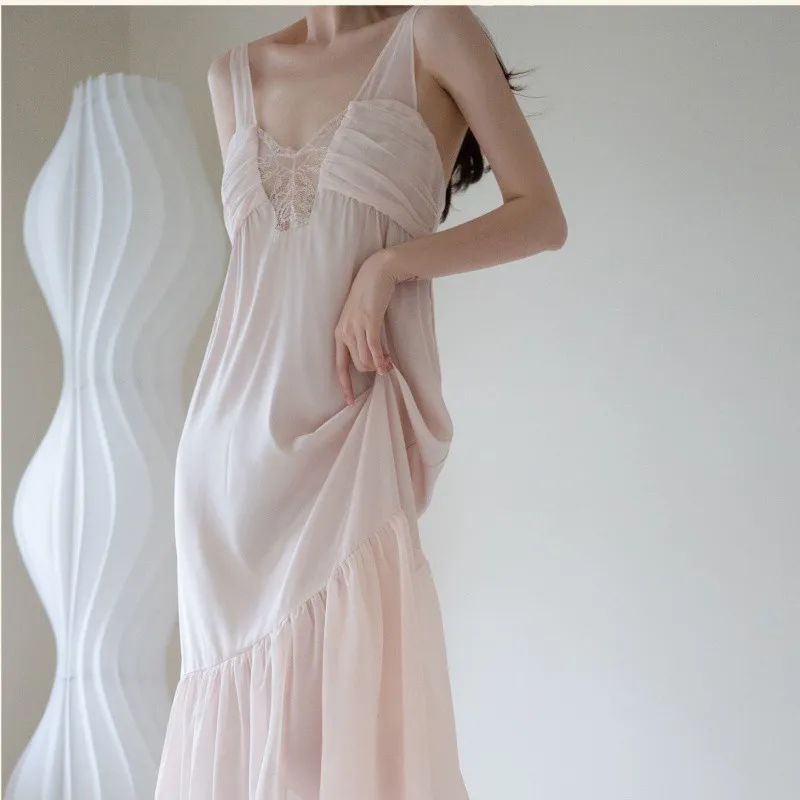 

French Court Style Sleepwear Sexy Elegant Deep V-Neck Suspender Nightdress Long Nightgown Nightwear Casual Silk Satin Homewear