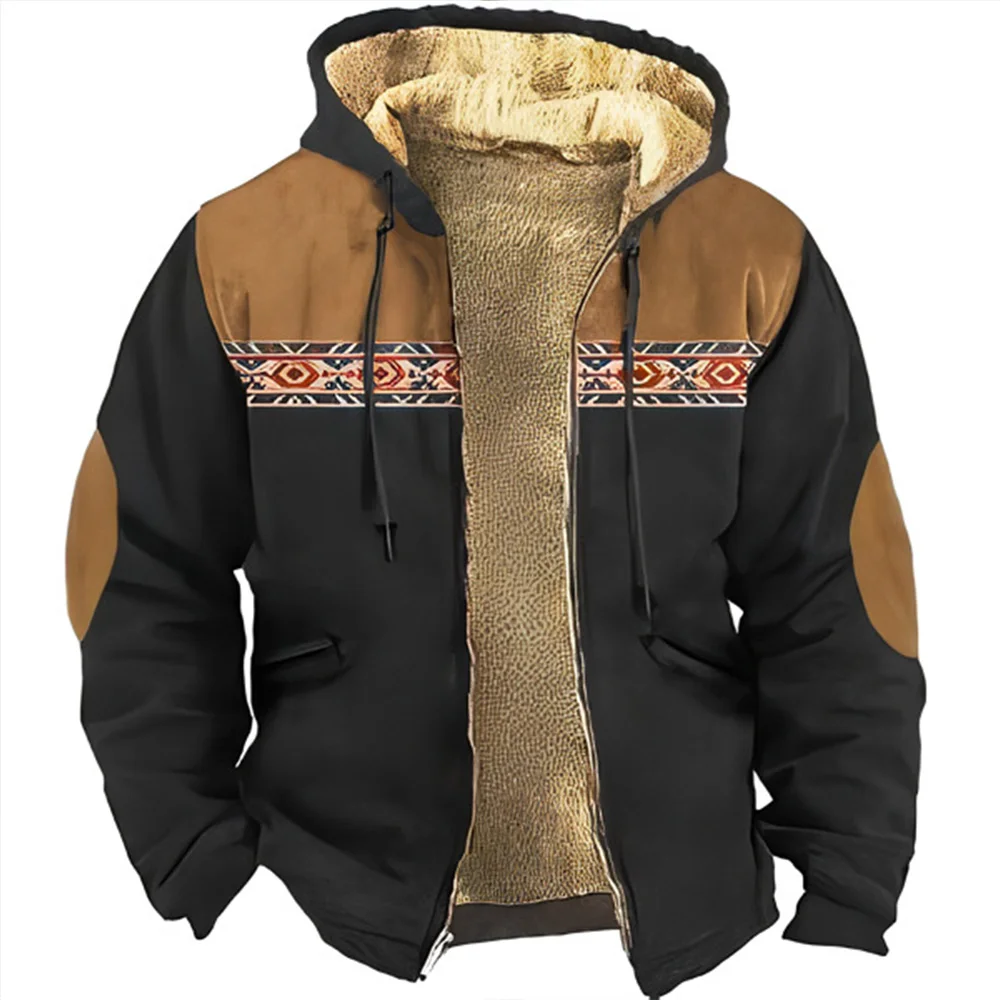 Winter Zip Up Hoodies for Men Fleece Hood Jacket Clothing Tradition Tribe Print Sweatshirt Outerwear Streetwear Tracksuit