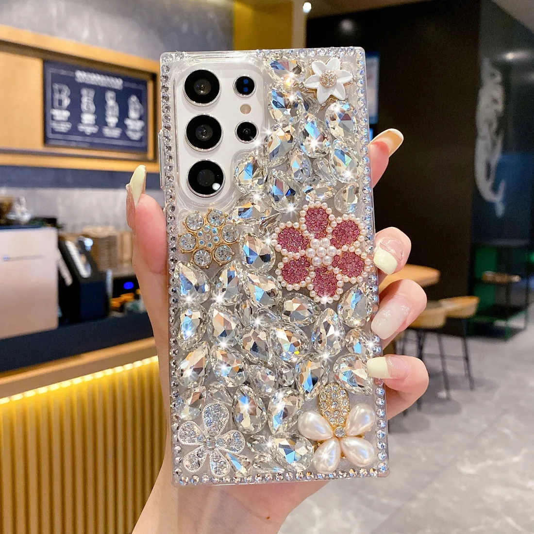 Phone Case Bling Pink Pearl Flower Case For Samsung Galaxy S25 S24 Ultra S23 S22 S21 Plus Note 20 Glitter Rhinestone Silver Diamond Cover
