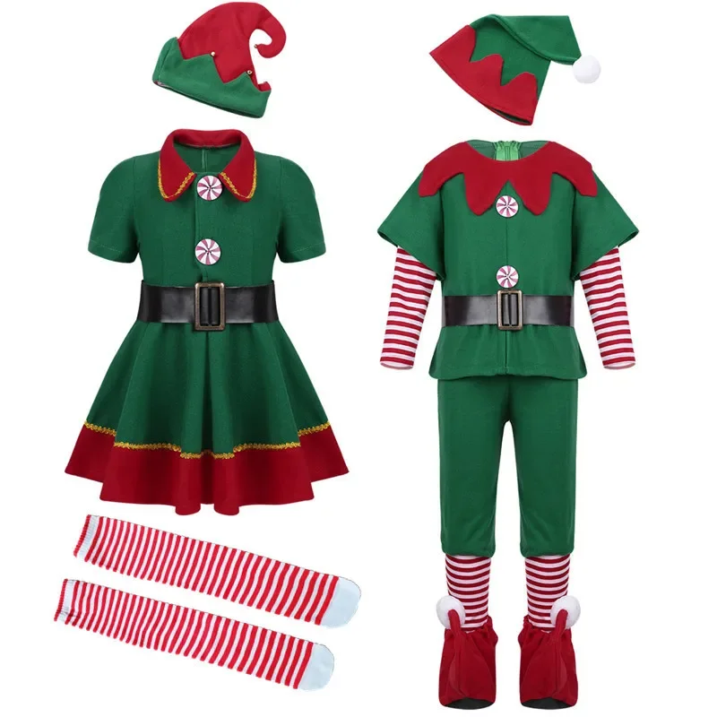 

2023 New Year Elf Costume Green Santa Claus Suit Set with Hat for Kids Girl Children Fancy Christmas Party Dress Set Performance