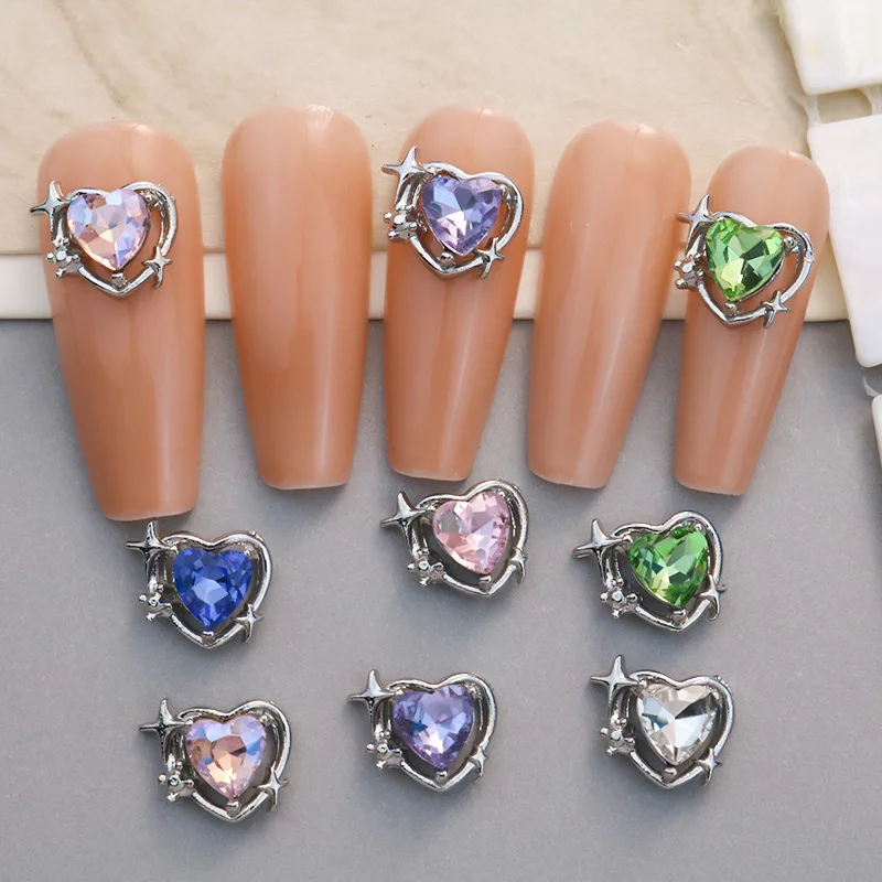 10PCS 3D 럭셔리 합금 하트 스타 네일 아트 라인 석 매력 별빛 쥬얼리 액세서리 부품 반짝이 손톱 장식 용품