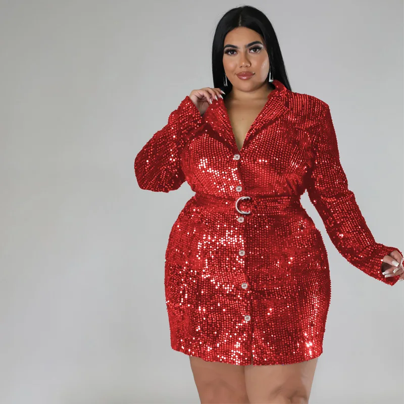 Plus Size Women Sequin Party Dress Long Sleeve Belt Elegant Dress 2022 Fall Casual Female Designer Skirt Fashion Luxury Outwear