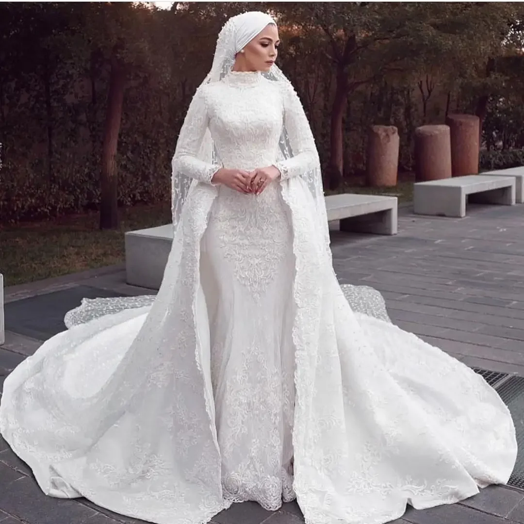 Wedding Dresses Muslim Mermaid Bridal Gowns Hijab Vintage Robe Detachable Train Lace Appliques Overskirt
