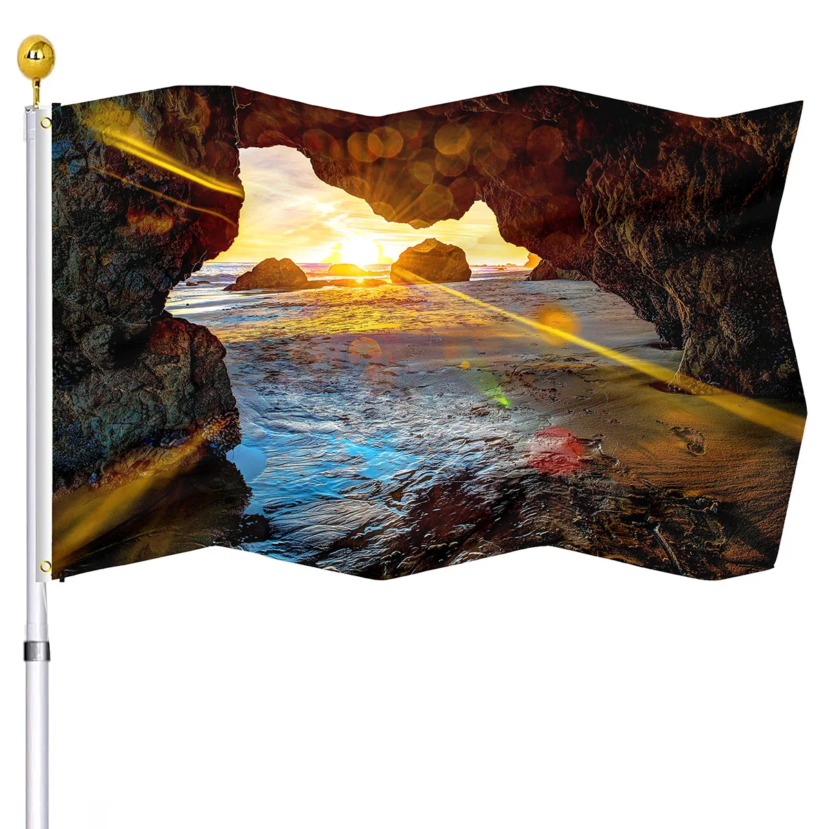 

Ocean Cave Flag Sea Sunrises Rays of Light Sun Double Stitched Landscape Flag Polyester Brass Grommets Indoor Outdoor Decoration
