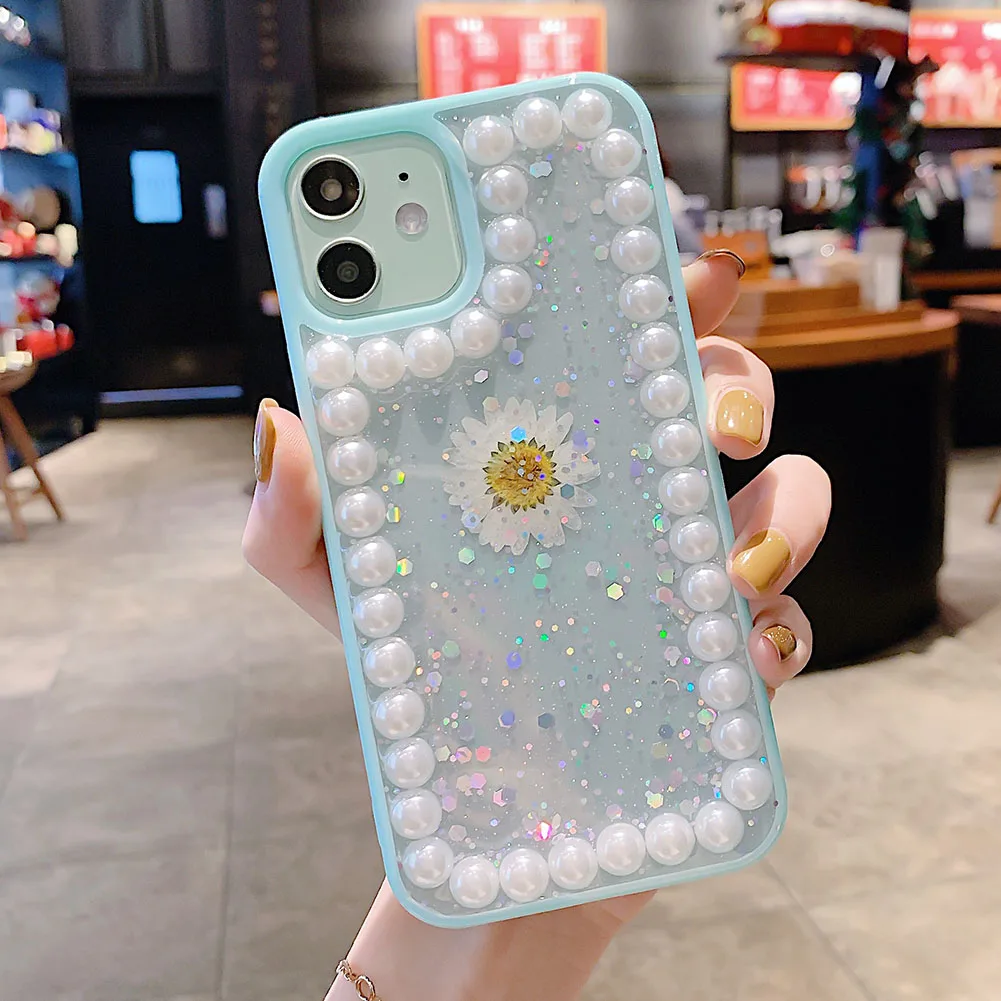 Fashionable 3D Pearl Chrysanthemum Sparkling Transparent Phone Case iPhone 12 X 11 Pro Max Transparent Cover