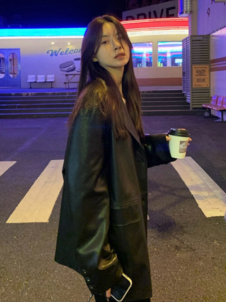 여성용 빈티지 단추 가죽 바이커 재킷, 한국 패션, 루즈 얇은 가죽 세트 블레이저, 여성 캐주얼 스트리트웨어, PU 시크 코트
