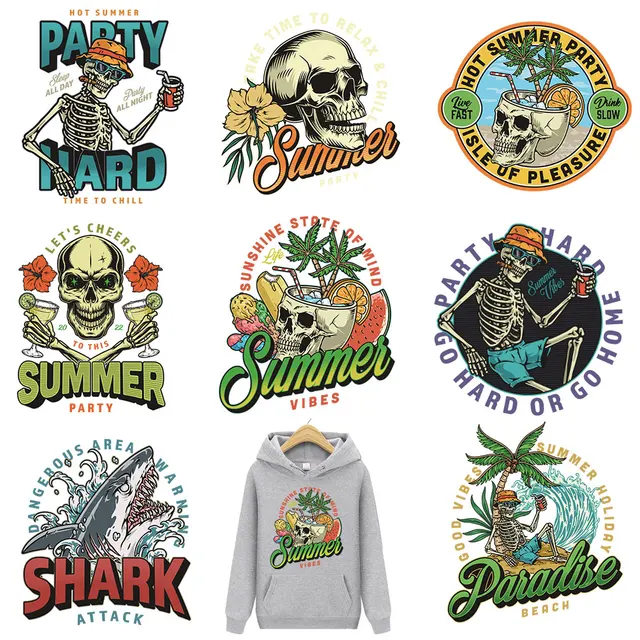 Hot Party flyer Skull Iron-On Transfers Patches For Clothing DIY Shark Heat Transfer Thermal Sticker For Clothes Printing Design